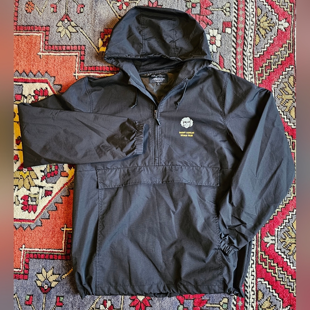 Black Hooded Windbreaker 3/4 zip jacket, Men's Large EUC